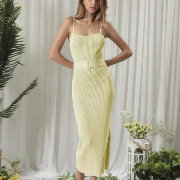 Dresses | Lemon Drop Knit Belted Midi Sweater Dress With Spaghetti Straps  And Side Split | Poshmark